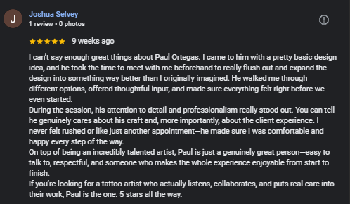 Google review from Joshua Selvey
