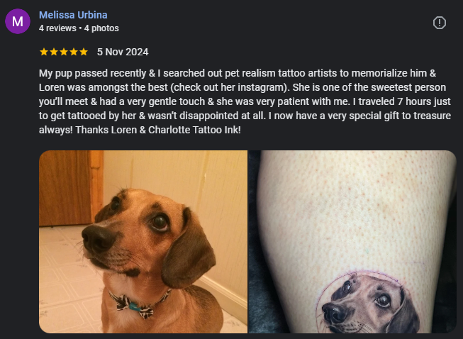 Google review from Melissa Urbina about a pet realism memorial tattoo by Loren.